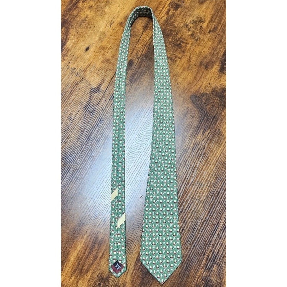 Salvadore Ferragamo White Birds And Sailboats Green Silk Tie 4"